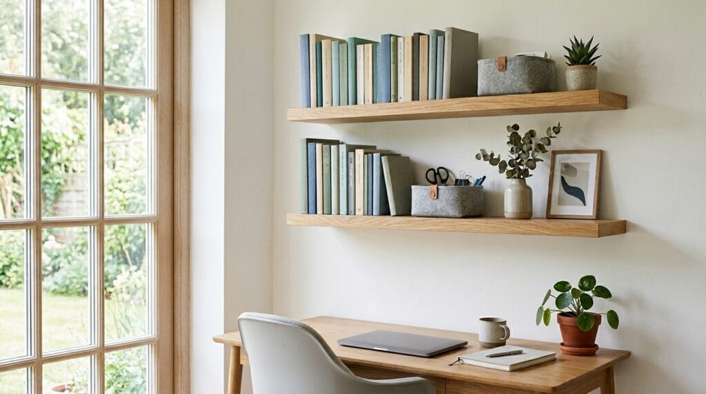 Home Office Organization Ideas: Desk, Closet and Storage 13 Floating wall-mounted shelves above a desk holding books and small storage bins.