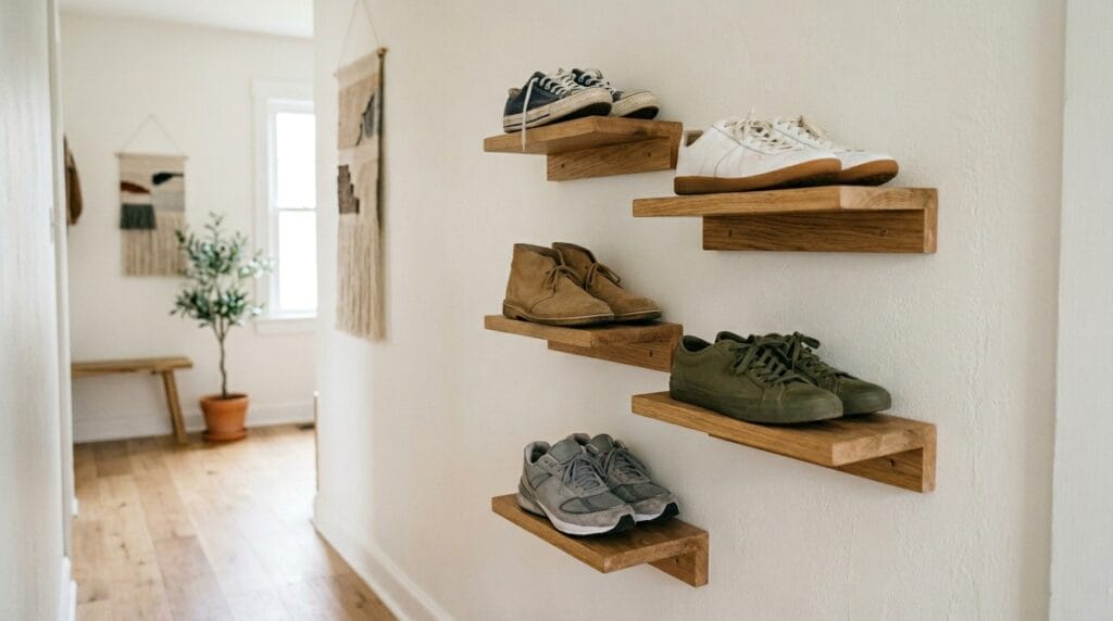 Shoe Storage and Entryway Organization: The Complete Guide 8 Floating wooden shoe ledges mounted on a white hallway wall holding casual footwear neatly.