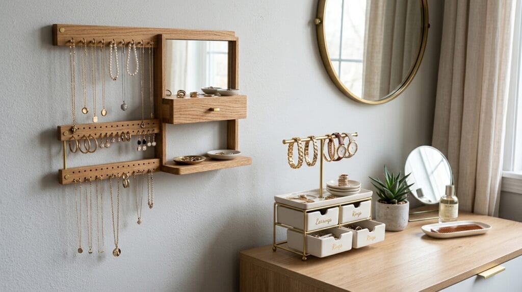 Bedroom Organization Ideas: From Dresser to Closet 13 Countertop and Wall-mounted jewelry organizers with hooks and compartments holding necklaces, earrings, and bracelets displayed neatly.