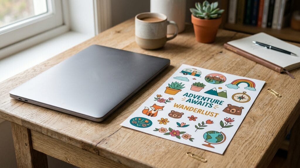 Best Back to School Gifts for Teachers That They Actually Need and Want 8 A waterproof sticker sheet with colorful designs placed beside a closed laptop.