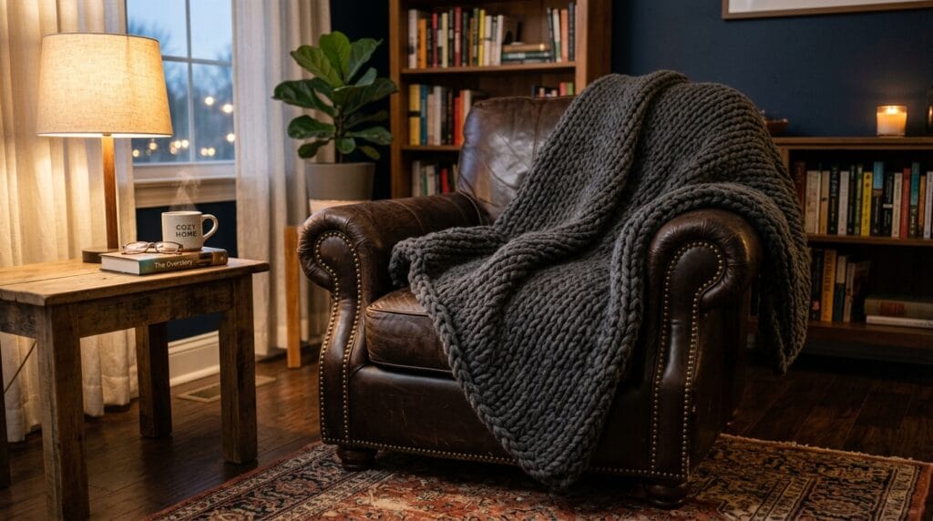 Cool Father's Day Gifts Going Viral Right Now 5 Weighted throw blanket draped neatly over a dark leather armchair in warm ambient light