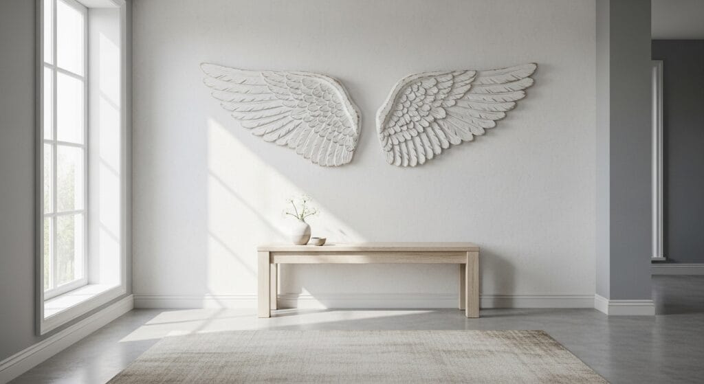 Large white angel wings wall decor above a neutral living room console table.