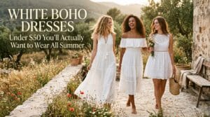 white boho summer dresses styled editorially from gauze maxi to broderie mini