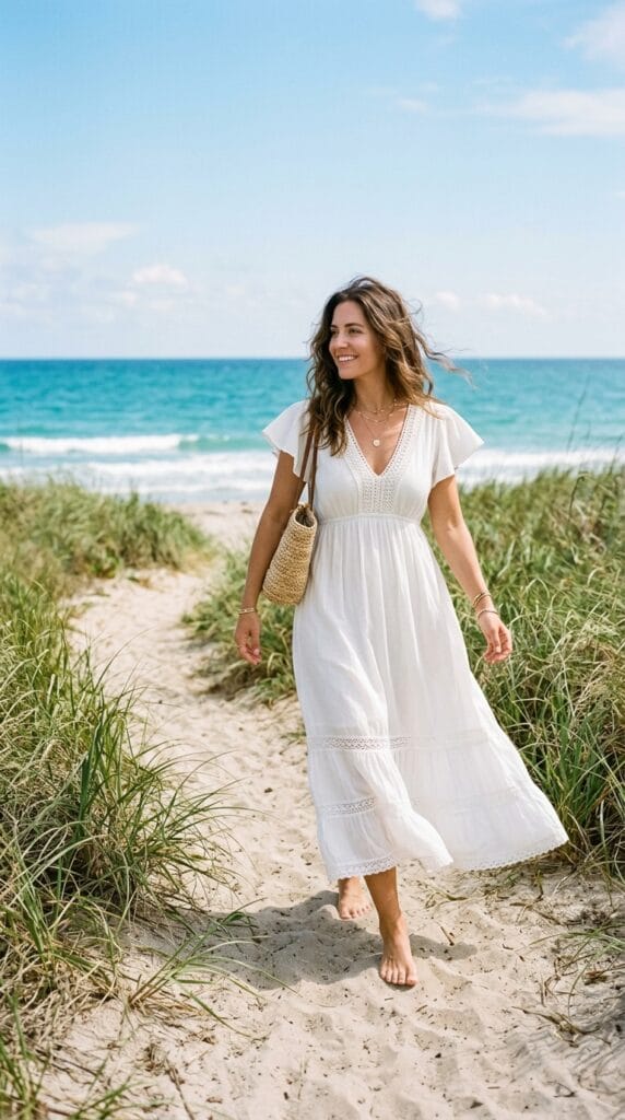10 Summer Vacation Dresses Packing Guide For Her 9 Woman in white flutter sleeve boho maxi dress with crochet trim on beach path.