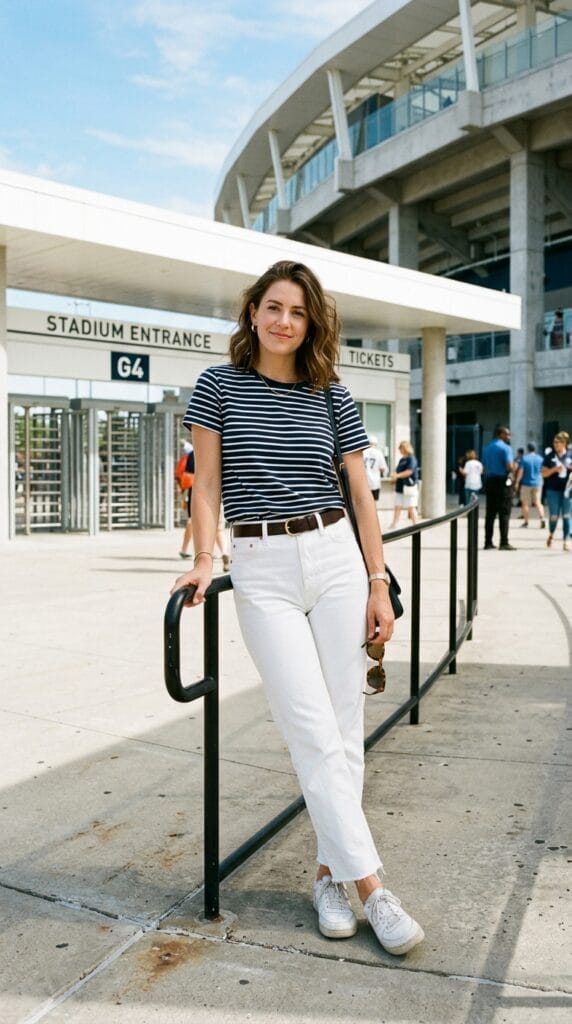 Striped tee tucked into white denim jeans outside a World Cup stadium entrance.