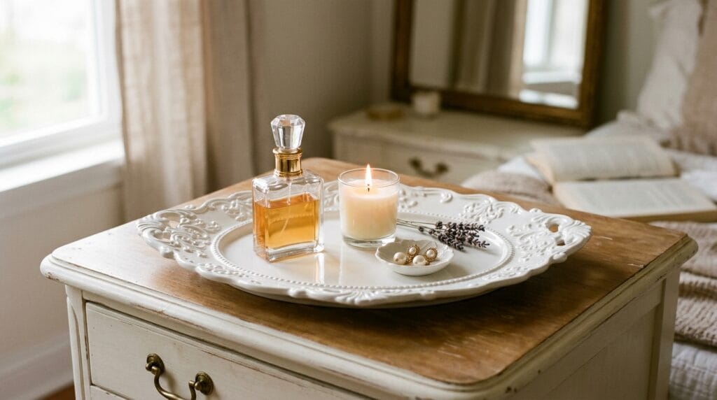17 Chic Perfume Tray Ideas for a Luxurious Vanity Setup 2 White ornate oval tray with scalloped edge displayed on a styled bedroom dresser surface.