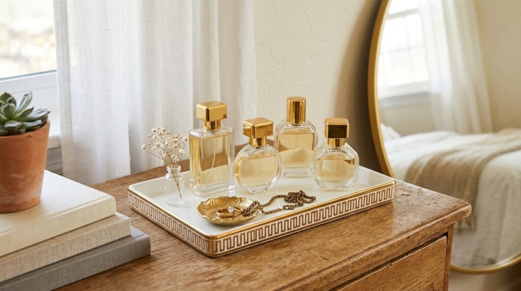 17 Chic Perfume Tray Ideas for a Luxurious Vanity Setup 13 White tray with gold geometric rim displayed on a contemporary bedroom vanity dresser setup.