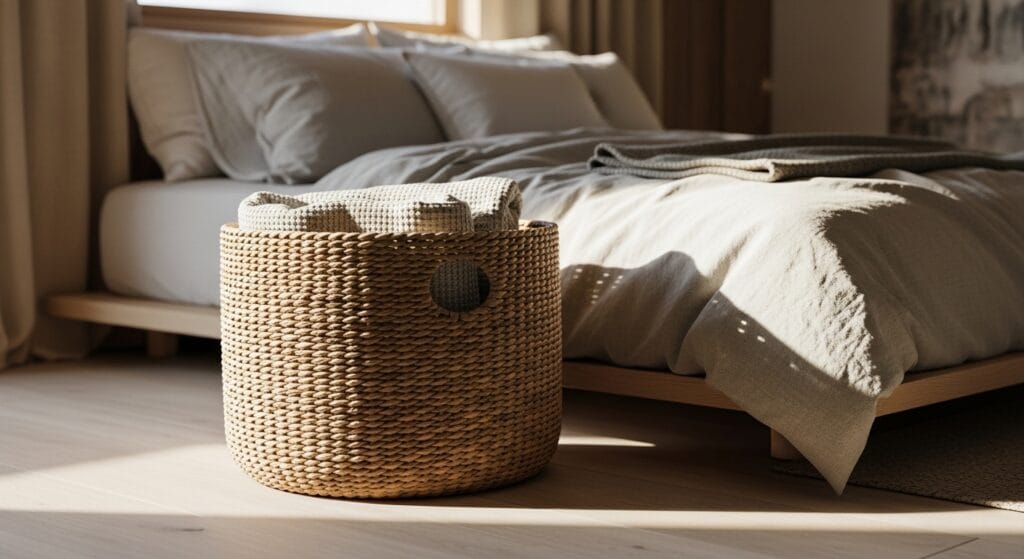 Round wicker storage basket beside a low bed with a folded blanket inside