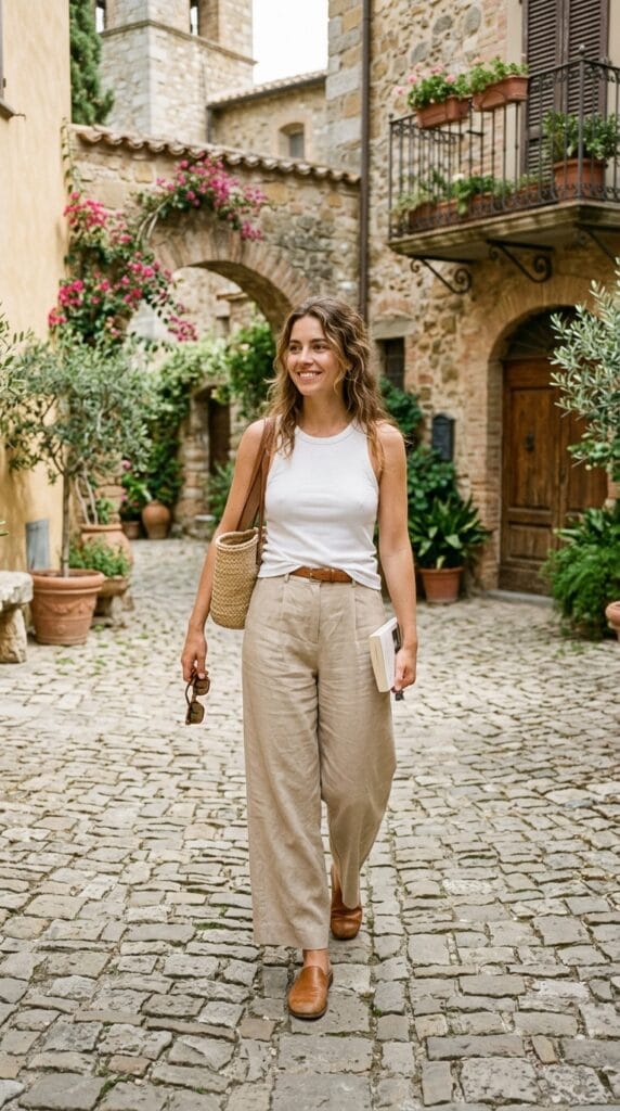Wide-leg linen trousers with a fitted ribbed tank and tan mules