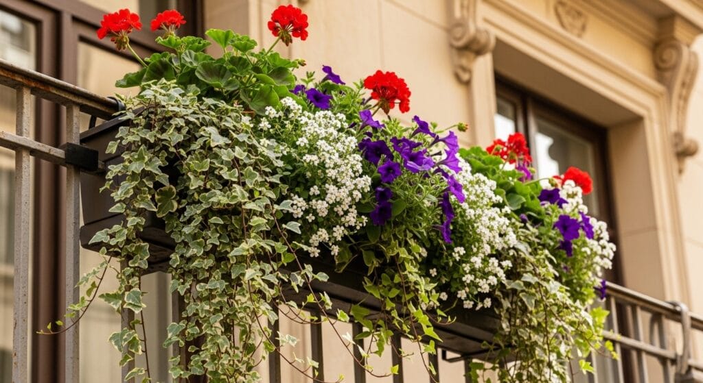 Small balcony decor ideas: make a tiny outdoor space beautiful 4 Window box planter mounted on balcony railing filled with colorful flowering plants.