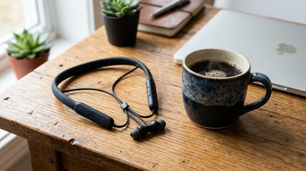 Cool Father's Day Gifts Going Viral Right Now 6 Wireless neckband headphones resting on a wooden desk beside a coffee mug
