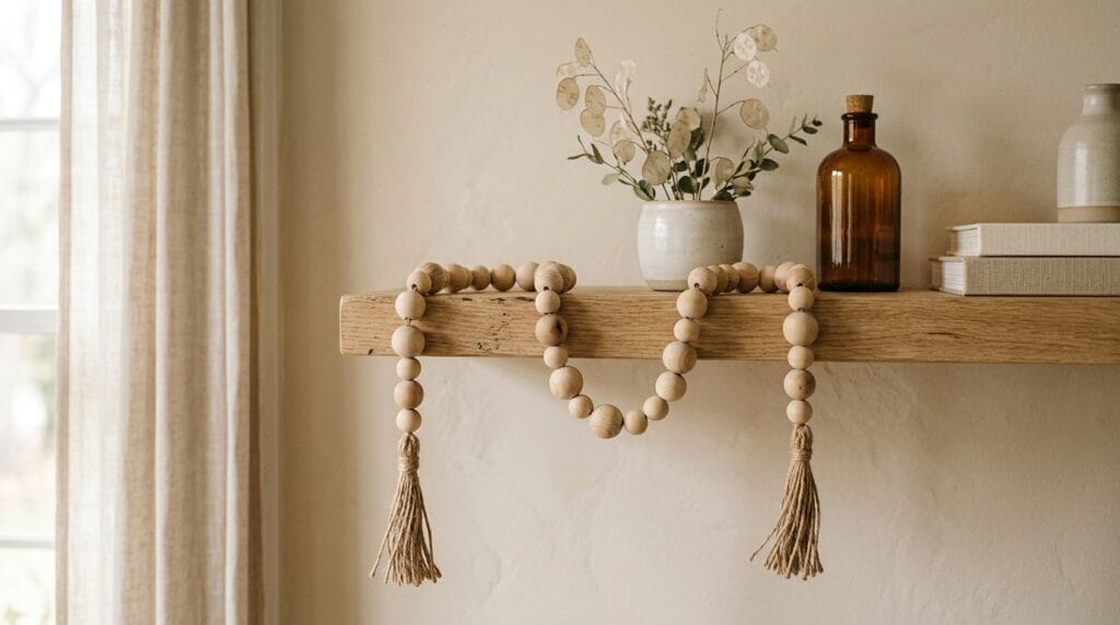 Natural wood bead garland draped loosely across the edge of a shelf.