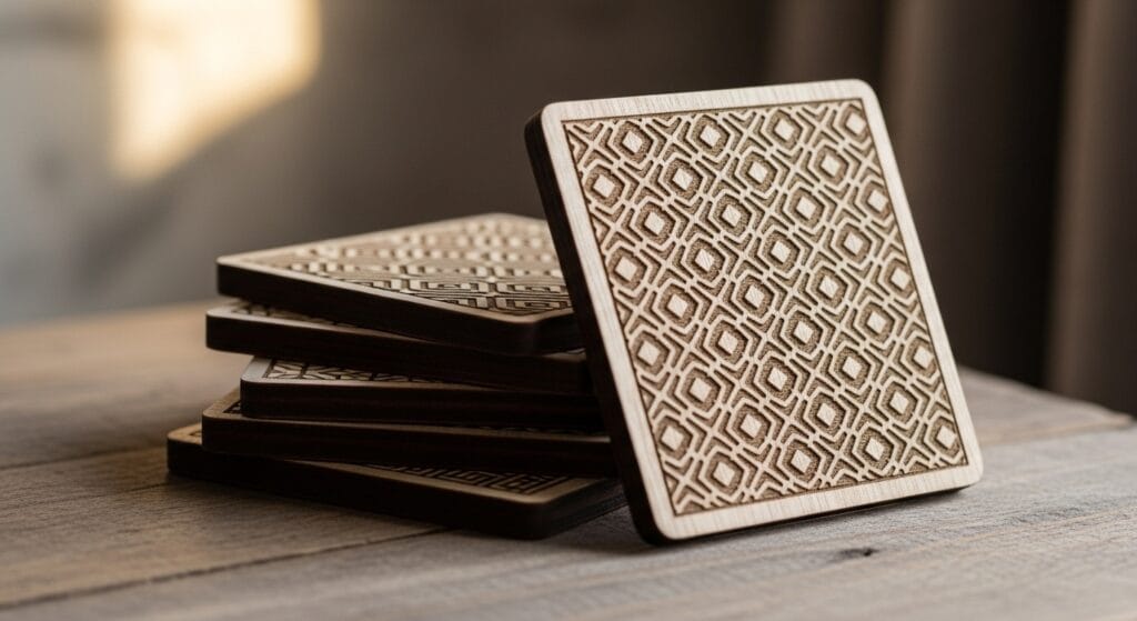 Set of engraved wooden coasters stacked neatly on a wood table surface