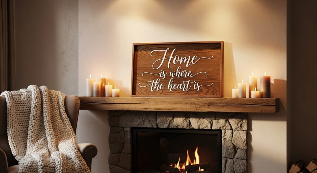 Rustic wooden cozy quote sign styled on a warm living room mantle shelf display.