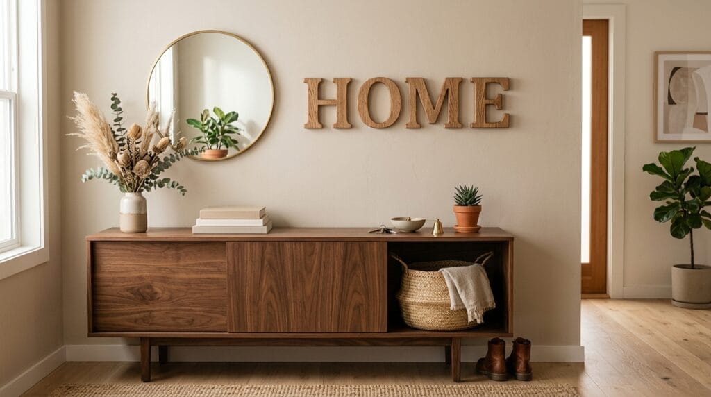 Cheap living room makeover: affordable decor finds under $30 6 Wooden HOME sign displayed on a beige wall above a naturally styled sideboard. =