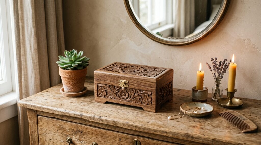 Rustic Bedroom Decor Ideas: Warm, Textured and Inviting 7 Small carved wooden jewelry box sitting on a warm-toned rustic bedroom dresser surface.