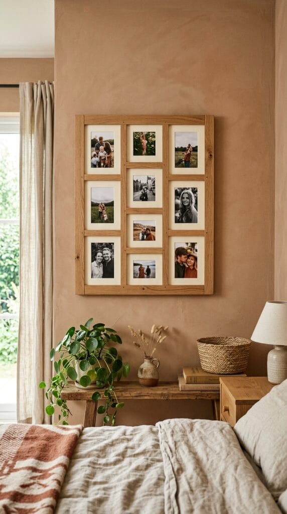 Wooden multi-opening photo frame mounted on a warm-toned bedroom wall in natural light