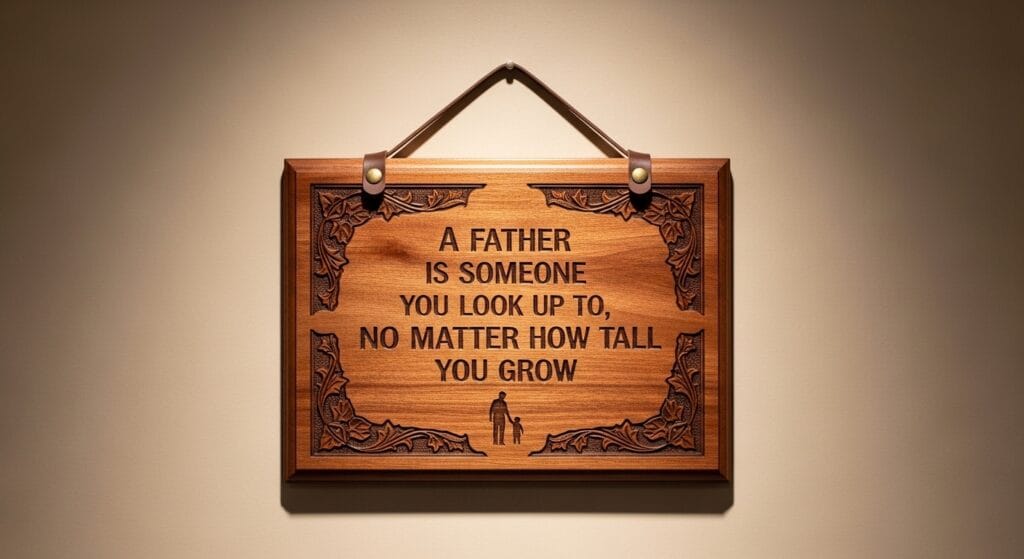 Engraved wooden wall plaque with a fatherhood quote hanging on a light interior wall
