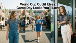Eight World Cup outfit ideas mixing denim, stripes, and team color for game day.