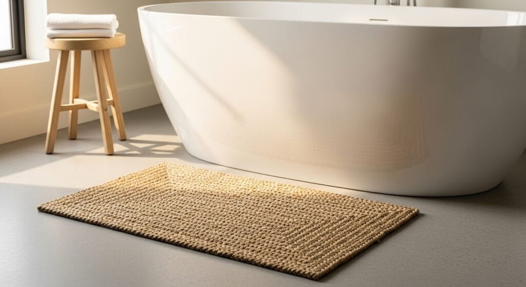Woven natural fiber bath mat lying flat on a light bathroom floor.