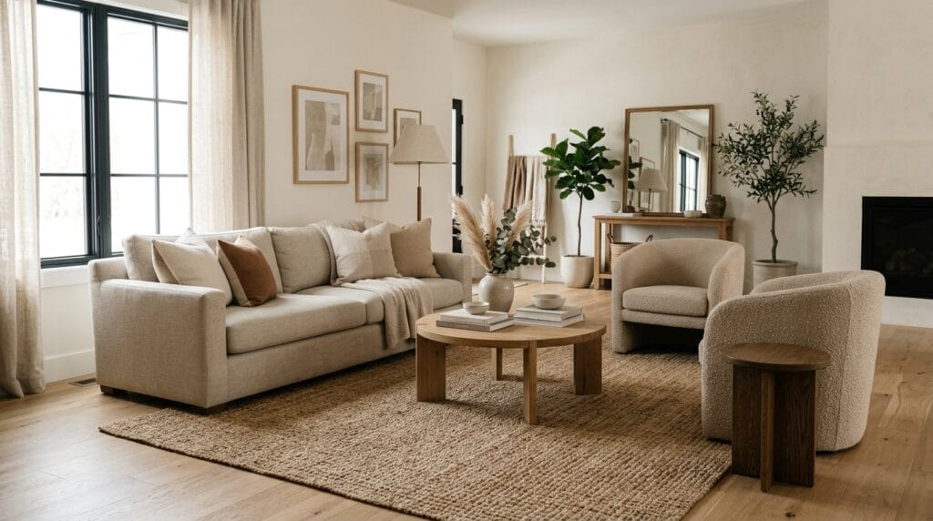 Woven jute area rug placed beneath a simple living room seating area.