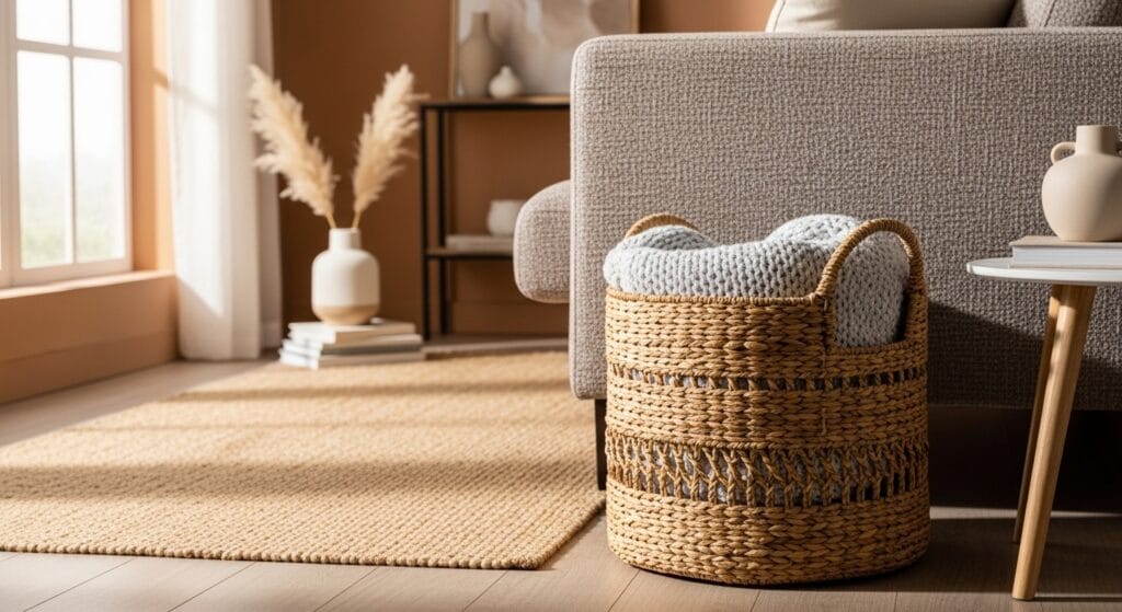 Woven rattan storage basket beside a sofa in a warm naturally lit living room.