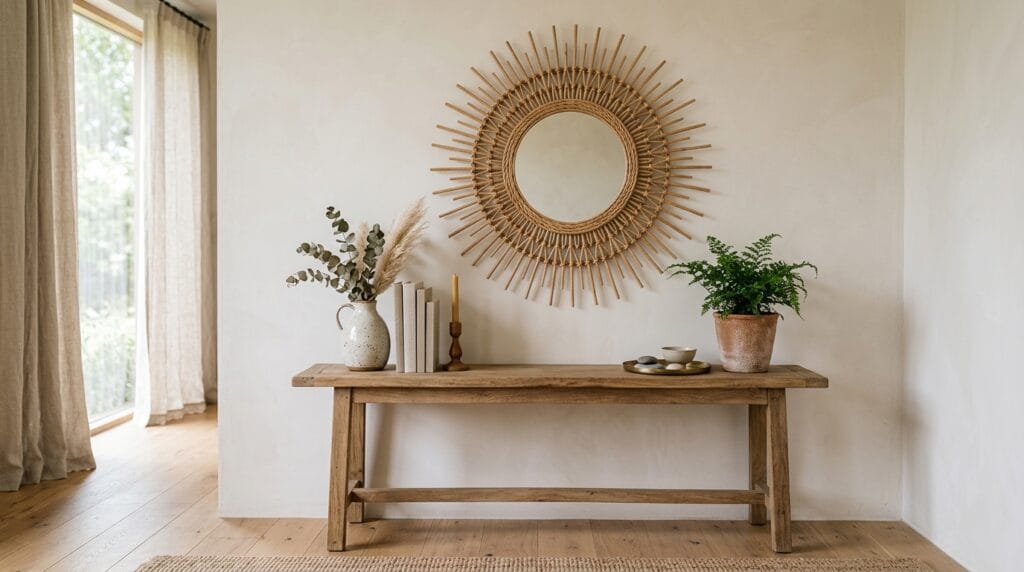 Round woven rattan mirror hanging above a simple wooden console table indoors.