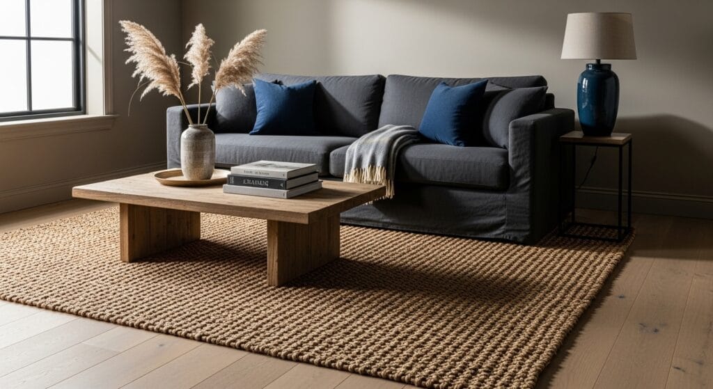 Dark Coastal Living Room: Moody, Dramatic, and Still Totally Beachy 4 Woven seagrass area rug beneath a dark sofa in a moody coastal living room.