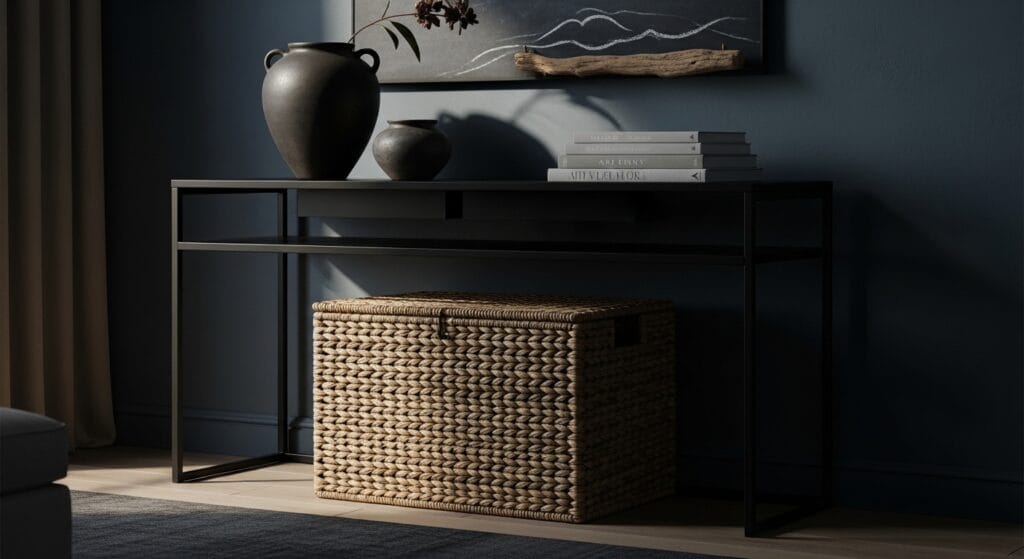 Dark Coastal Living Room: Moody, Dramatic, and Still Totally Beachy 8 Woven seagrass storage basket beneath a black console table in a coastal living room.