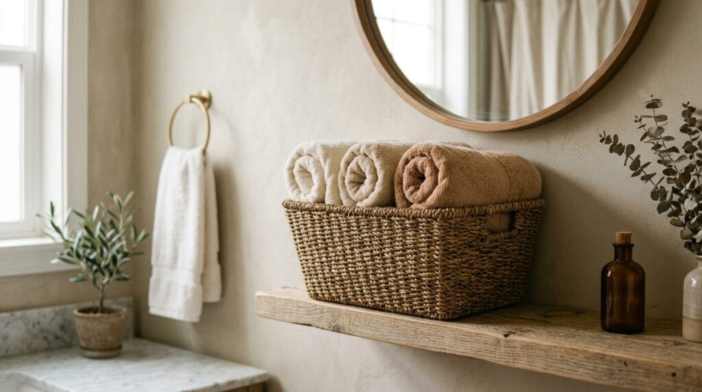 Modern Small Bathroom Ideas: Sleek, Functional and Gorgeous 8 Natural woven storage basket holding rolled towels on a modern bathroom shelf