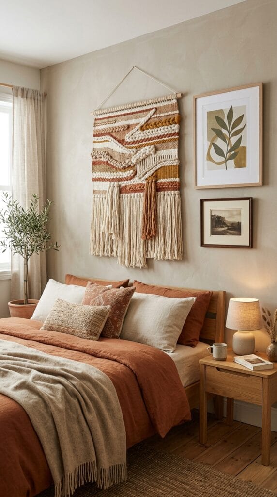Woven wall hanging with fringe texture mounted beside framed art on a bedroom wall