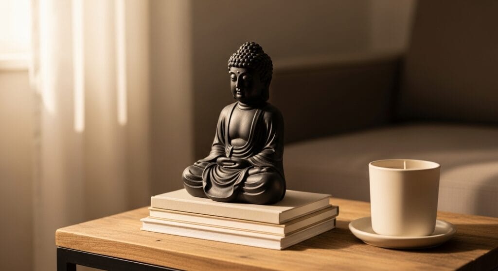 Matte zen buddha figurine on a living room side table with candles and books.