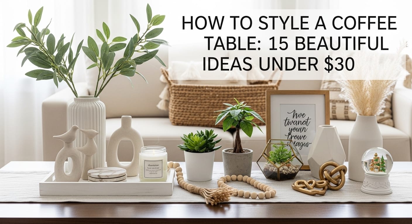 Styled coffee table with greenery, candles, trays, and sculptural accents in living room.