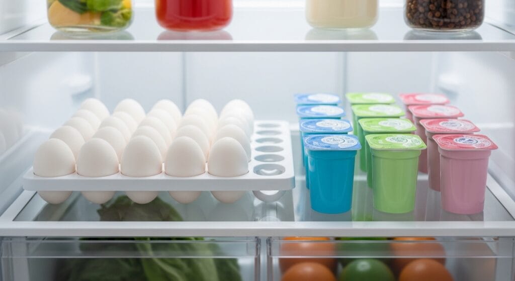 Refrigerator Organization Ideas for a Cleaner Fridge 5 Refrigerator egg and dairy holder containing eggs and yogurt cups on a shelf.