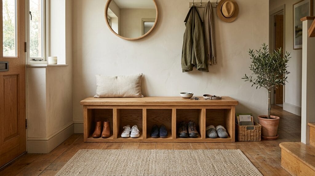 Shoe Storage and Entryway Organization: The Complete Guide 4 Wooden entryway storage bench with open cubby compartments holding neatly paired shoes below.