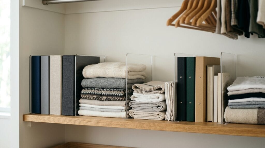 Home Office Organization Ideas: Desk, Closet and Storage 8 Shelf dividers separating upright binders and folders neatly on a closet shelf.