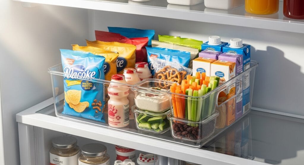 Refrigerator Organization Ideas for a Cleaner Fridge 7 Refrigerator storage basket holding small snack packets on an organized shelf.