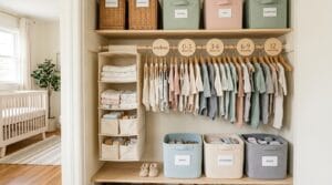 An impeccably organized modern nursery closet with hanging organizers, storage bins, and size dividers.