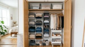 Small closet filled with bins, dividers, and hanging organizers arranged neatly under natural light.