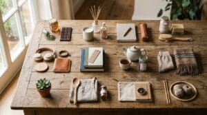 Elegant flat lay of various milestone gifts arranged neatly on a warm wooden table.