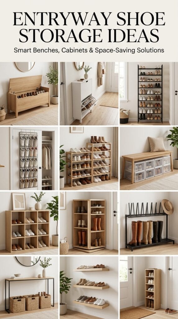 Modern entryway showcasing stylish shoe benches, cabinets, racks, and organized footwear storage solutions beautifully.