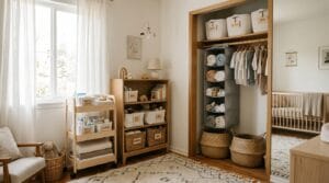 Organized nursery with labeled bins, baskets, and shelves for baby's clothing and gear.