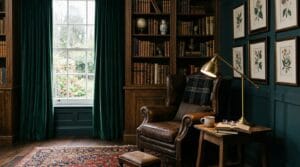 Moody study styled with leather seating, wood shelving, brass lighting, and layered vintage decor.