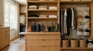 A beautifully organized closet displaying handbags using shelf dividers, baskets, and hanging organizers.