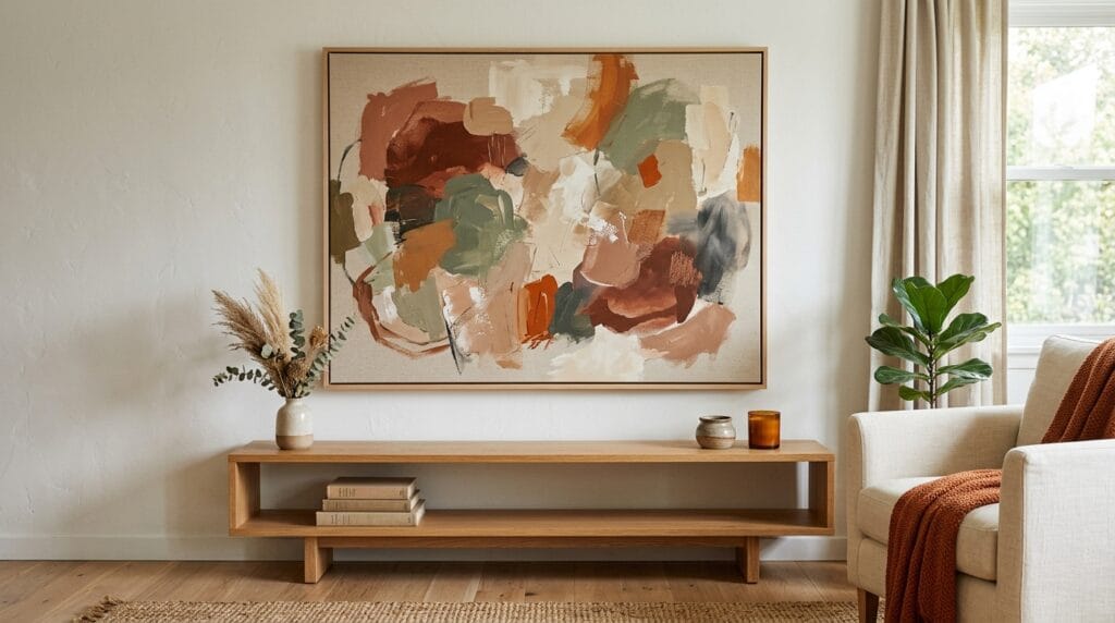 Abstract earth-tone canvas wall art hanging above a wooden shelf in a living room.