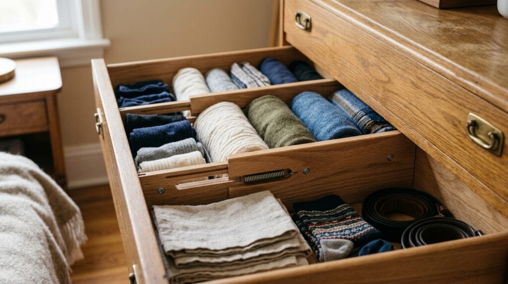 Adjustable spring-loaded dividers separating a wide dresser drawer into clean organized compartments