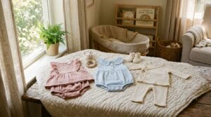 Three adorable newborn summer outfits arranged artfully in a sunlit nursery.