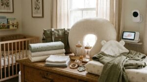 Assorted baby essentials arranged together in a softly lit cozy nursery setting.