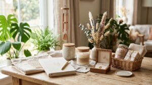 Assorted small birthday gift items arranged together on a wooden surface in natural light.