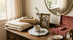 A luxurious vanity setting with curated lifestyle items under soft morning light.